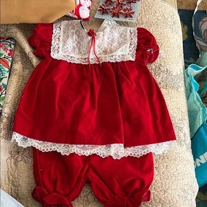 Vintage Red Velvet and Lace Baby Dress and Bloomers Jo Lene Size 18 months